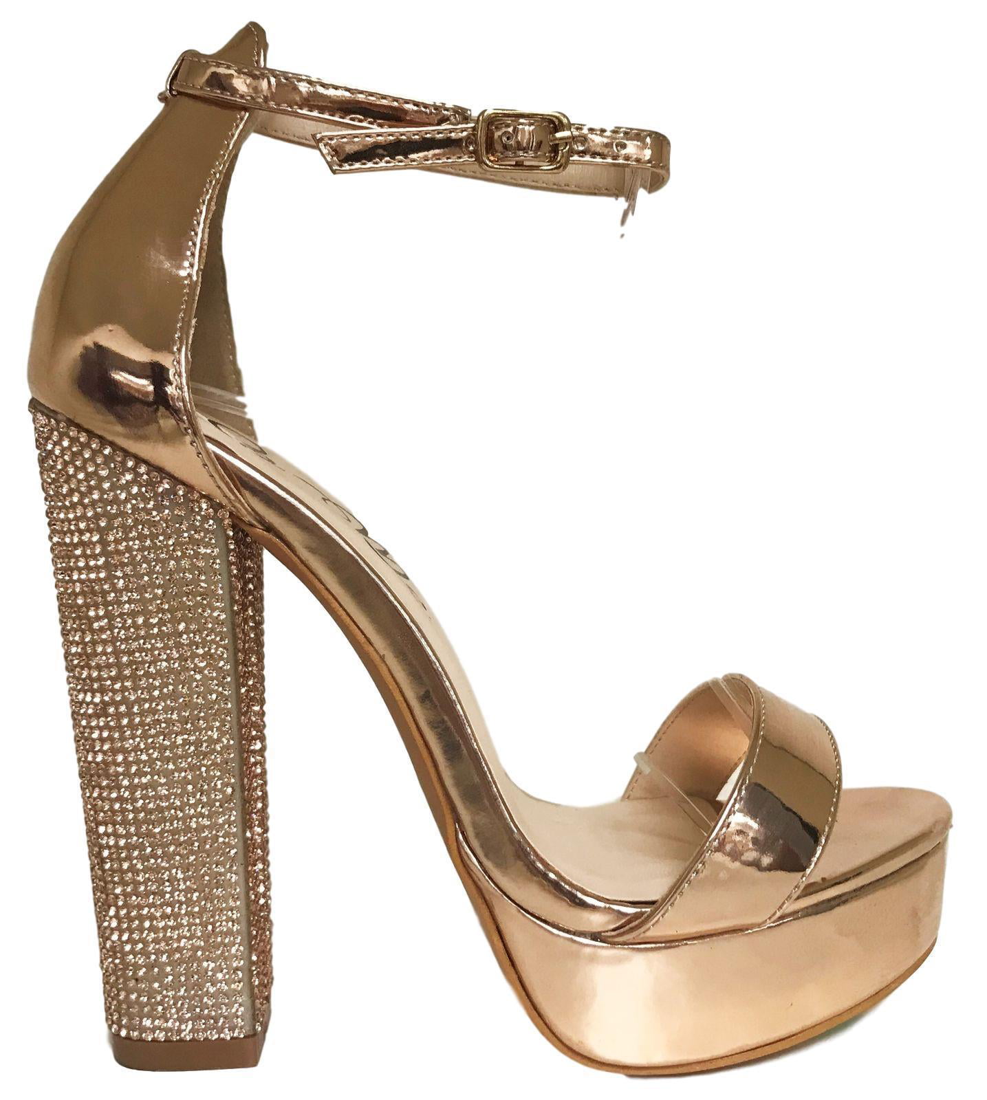 rose gold rhinestone block heels