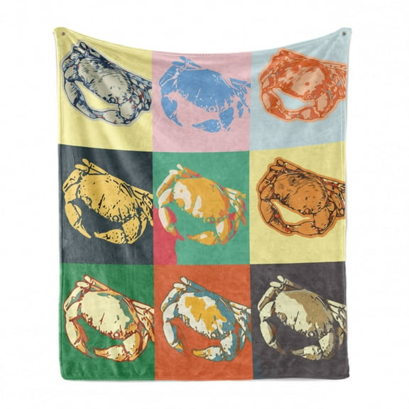 Crabs Soft Flannel Fleece Throw Blanket, Illustration of Crabs Different Colors Poprt Style Retro Design Print, Cozy Plush for Indoor and Outdoor Use, 50" x 70", Pale Yellow and Orange, by Ambesonne
