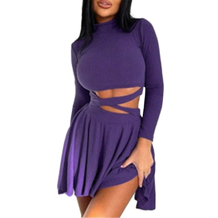 FEORJGP Women Fall Midi Skirts Outfits Mock Neck Tie-Up Party Dress Solid Color Long Sleeve Daily Dress Crop Tops A-line Pleated Skirts 2 Pieces Clothes Set