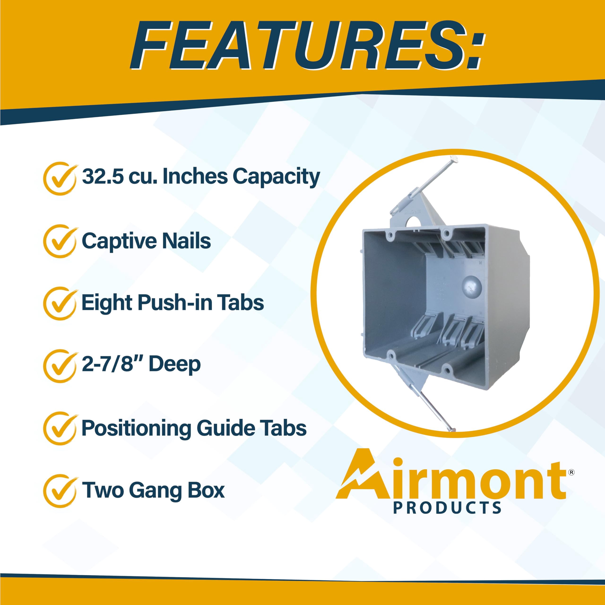 6 Pack 2-Gang PVC Electrical Box, Grey Outlet Box, Two Gang New Work Junction Box, Captive Nails, 32 cu. Inches, Length 3-3/4'', Width 2-1/4'', Depth 2-7/8'', 2 Hour Fire Rated Electrical Box
