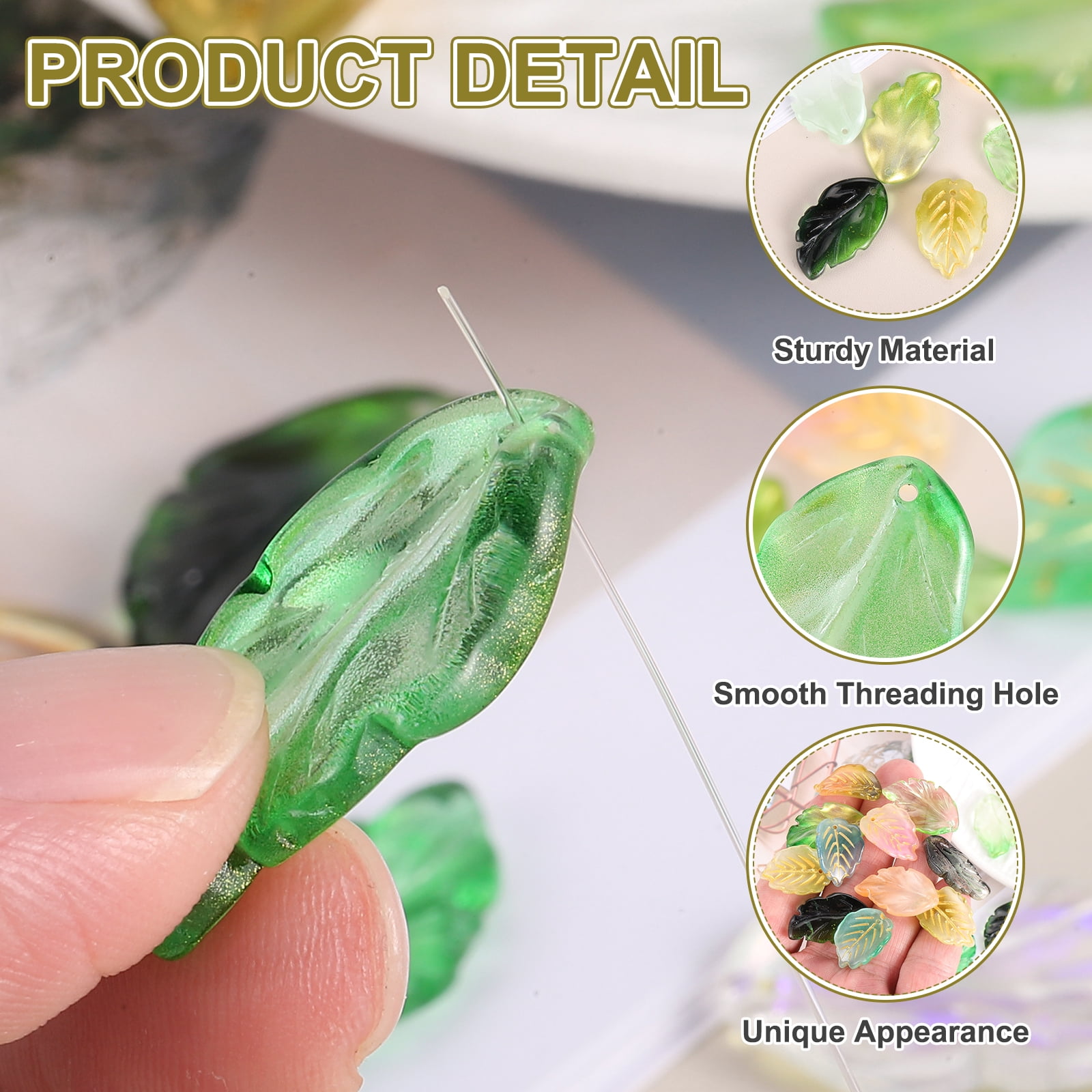 Uxcell Glass Leaf Beads, 100Pcs Cute Crystal Leaf Charms, Translucent Czech Spacer Beads for DIY Jewelry Making Bracelets Necklace Wind Chimes Suncatchers, Grass Green/Dark Green