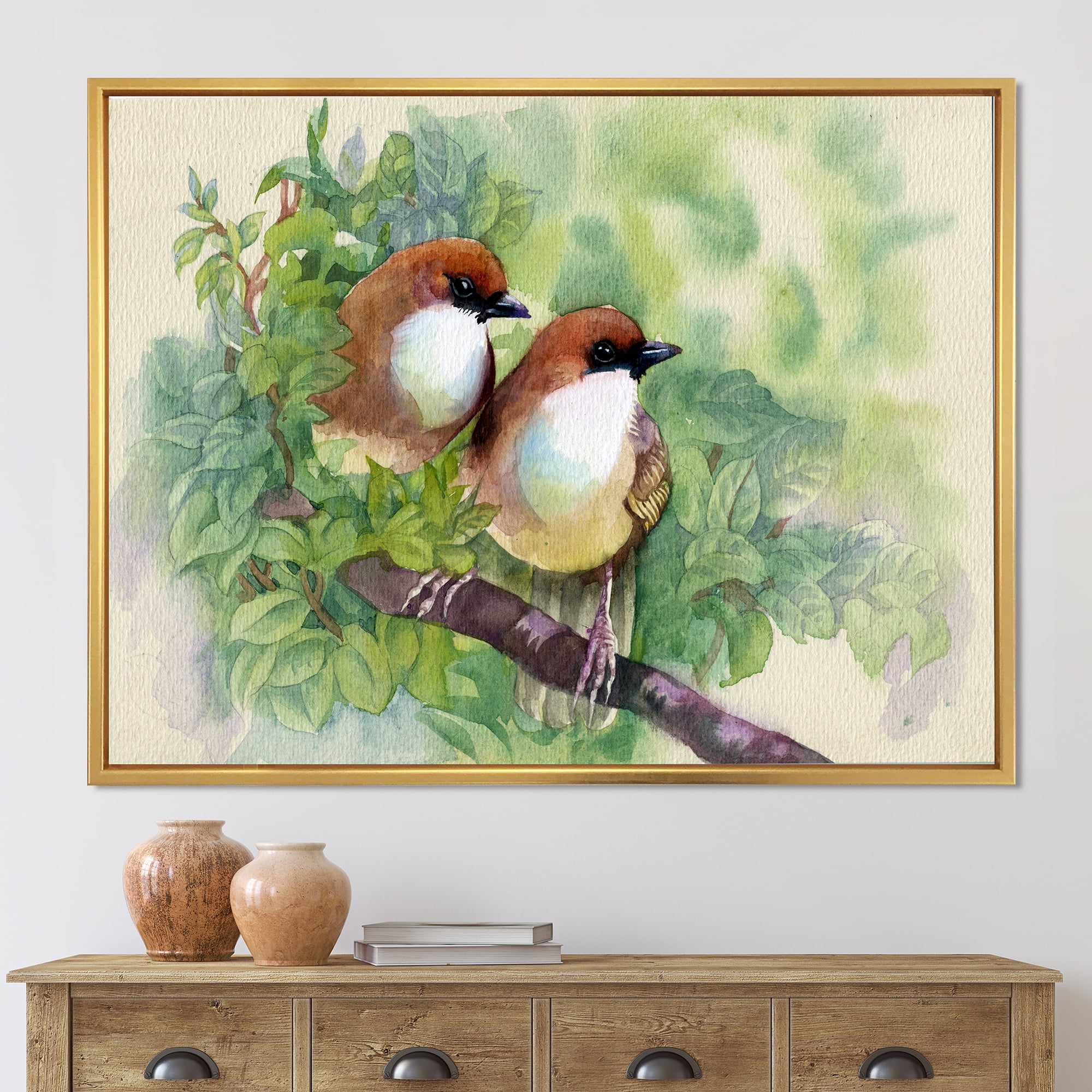 Designart 'Birds Of Spring Sitting On Branch' Traditional Framed Canvas Wall Art Print