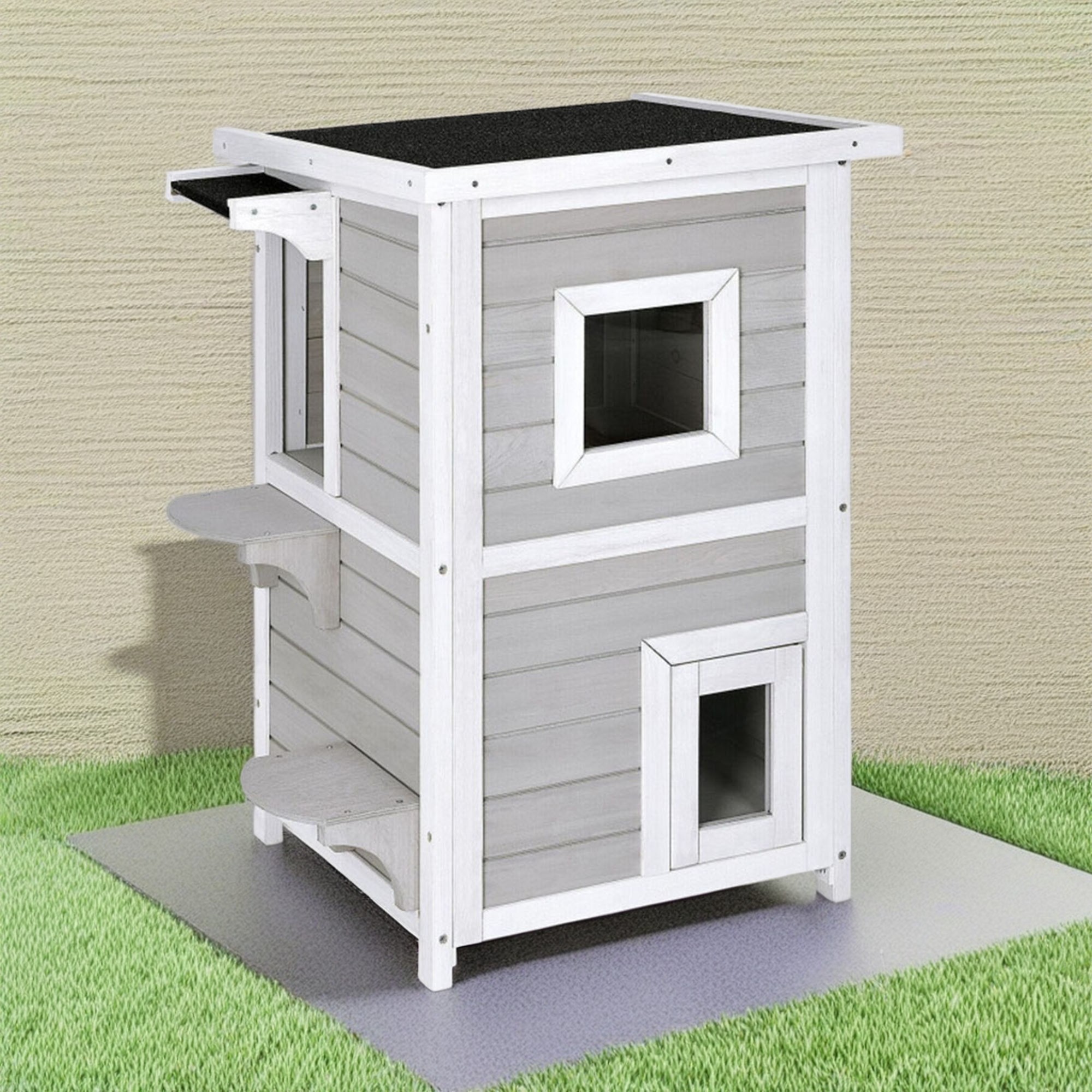 Kadyn 39" 2-Story Cat House for Outdoor Cats, Weatherproof Cat Shelter with Escape Door, Wood Cat Condo for 3 Adult Cats, Gray