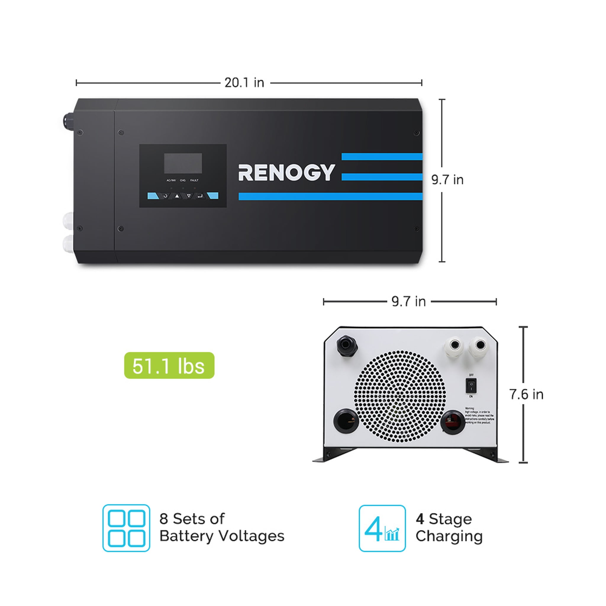 Renogy 2000w Pure Sine Wave Inverter Charger 12V DC to 120V AC Surge 6000w Off-Grid Solar Inverter Charger for RV Boat Home w/ LCD Display, Auto Transfer Switch, Compatible with Lithium Battery