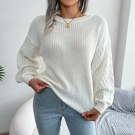 Hinvhai Plus Size Sweater Tops On Seasonal Clearance Women's Colorful Long Sleeve off Shoulder Knit Sweater Crew Neck Sweater White 4(S)