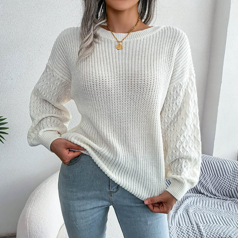 Scyoekwg Women Sweaters for Fall and Winter Comfy Long Sleeve Knitted  Sweaters Pullover Ladies Sweaters Round Neck Sweaters Classic Solid Colors  Casual Tunic Sweater White M 