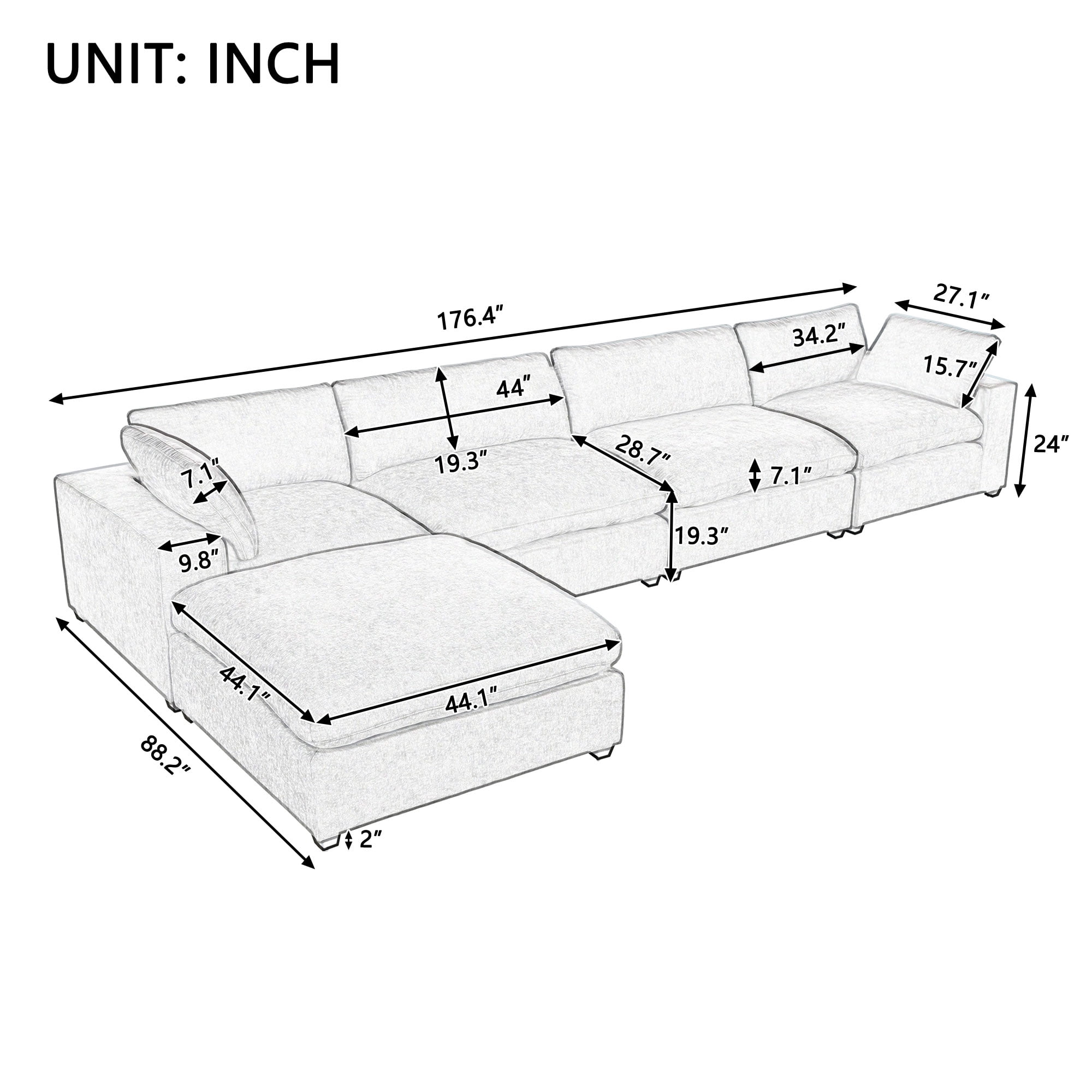 176.4" Modular Sectional Sofa with Movable Ottoman, Oversized Cloud Down Filled L-Shaped Sofa Couch, Minimalist Wide Deep Seat Convertible Couch, 5-Seater Sectional Couch for Living Room, Gray