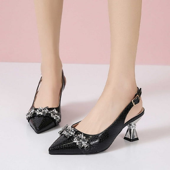 AXXD Black Sandals for Women Clearance Under $10 Summer New Large Size French Bun Head Fine Heel Pointed Back Trip With Rhinestone High Heel Sandals