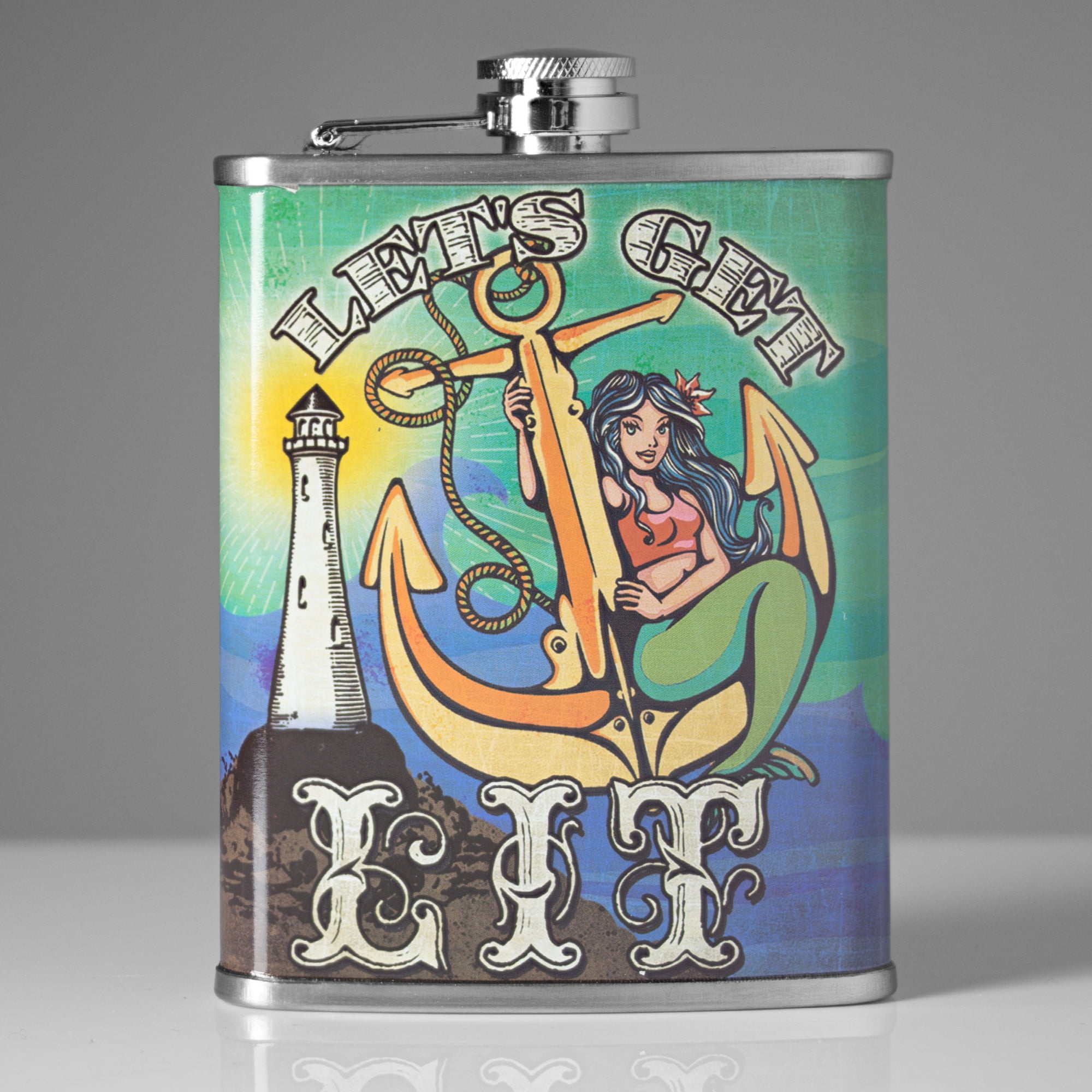 American Art Decor 8 oz Liquor Flask – Let’s Get Lit Stainless Steel Hip Flask | Heavy Duty, Leak - Proof | Novelty, Funny Flask for Men and Women (5.5" x 4" x 1.25")