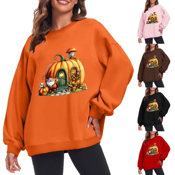 Frostluinai Women's Oversized Thanksgiving Sweatshirts Crew Neck Pumpkin Graphic Pullover Long Sleeve Loose Fit Sweat Shirts for Fall Winter