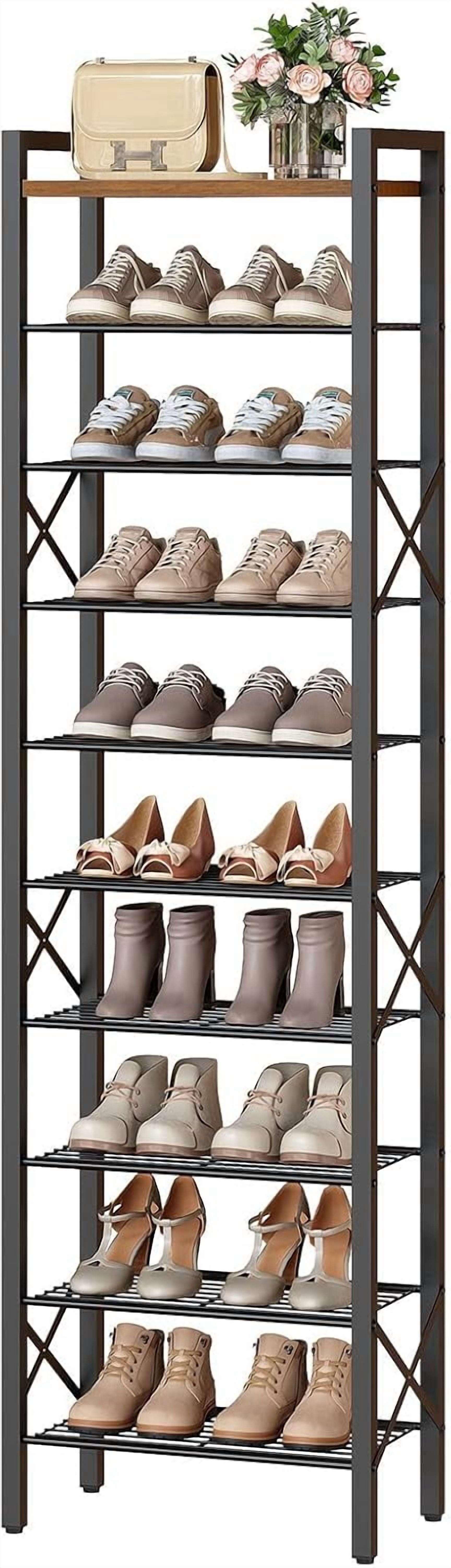 10-Tier Narrow Shoe Rack, Tall Shoe Rack for 10-20 Pairs, Slim Shoe Storage Organizer with Wooden Top, Space Saving, Metal Frame, for Entryway