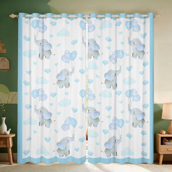 Erosebridal Baby Elephant Blackout Curtains for Girls, Blue Balloons Window Curtains Pack of 2 (38x45 Each)