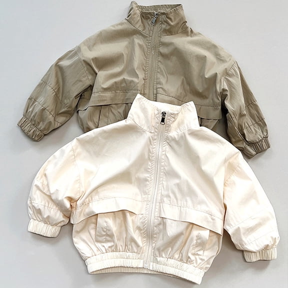 Boys' Jackets Solid Print Neck Pocket Zipper Outerwear for Everyday Wear Beige 5 Years-6 Years