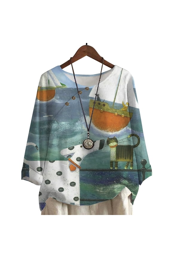 Plus Size T-Shirt for Women Animal Sailing Print Blouse Casual Loose Female Tops