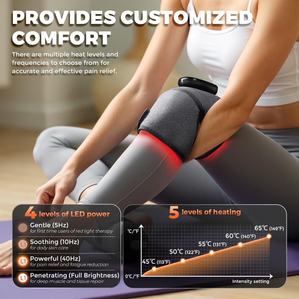 Wearable Heated Wrap with Dual-Wavelength LEDs, Cordless Rechargeable Support Brace for Knee, Elbow, and Shoulder, with Adjustable Temperature and Timed Sessions
