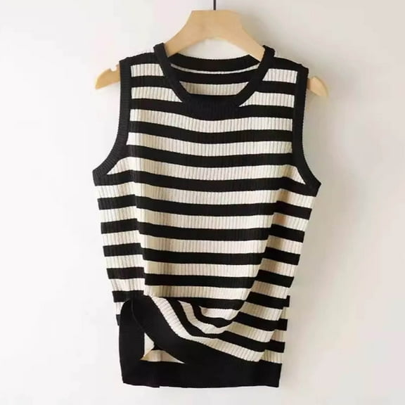 HOMBOM Tank Tops for Women 2025 Black Cutout Sleeveless Striped Crew Neck Knitted Vest