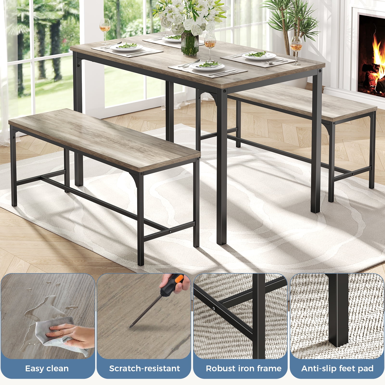 CONCETTA 3-Piece Dining Table Set with 1 Table,2 benches,Space-Saving Small Dining Set for 2–4 People for Apartment, Daily Meals & Bistro, Gray
