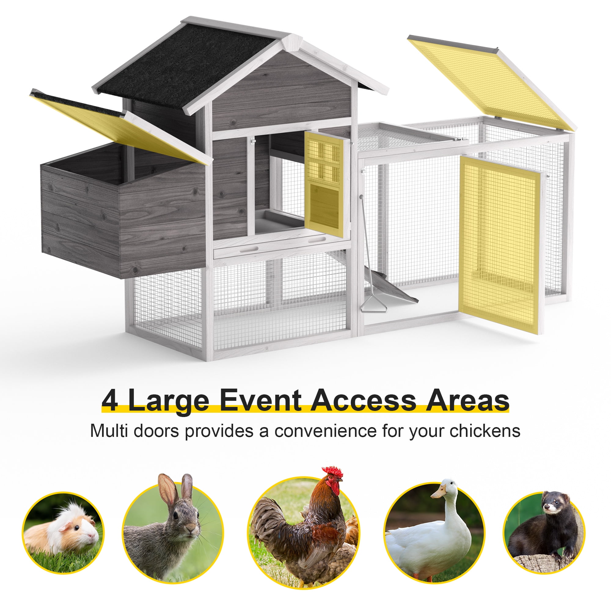 Outdoor Chicken Coop With Run Chicken Runs For Yard w/ Egg Box & Cover Wooden Hen House Rabbit Hutch w/ Tray, Gray