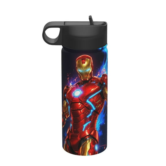 Iron Man Water Bottle with Straw Lid 18Oz Stainless Steel Vacuum Insulated Wide Mouth Water Bottles Cup for Boys Girls