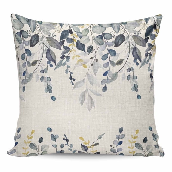 Throw Pillow Covers 24x24 Inch, Blue Grey Eucalyptus Decorative Pillow Cases for Couch Sofa Bed, Farmhouse Weeping Leaves on Linen Cotton Linen Square Home Decor Pillowcases with Hidden Zipper