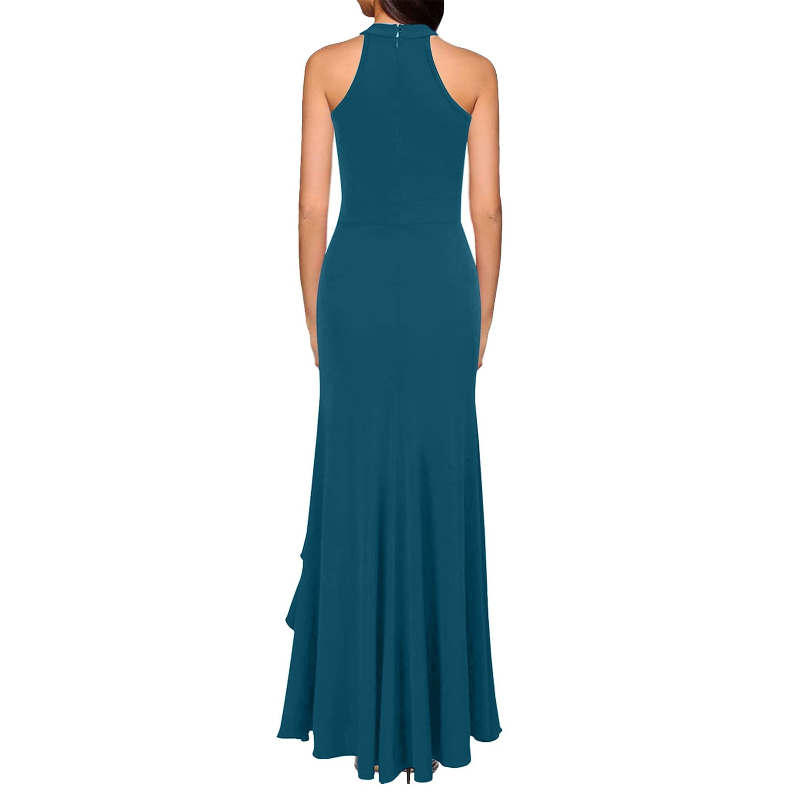 Wuxian Women's Elegant Chiffon Maxi Dresses Sleeveless Mock Neck High Waist High Split Ruffle Fashionable Solid Color A-Line Flowy Stylish Formal