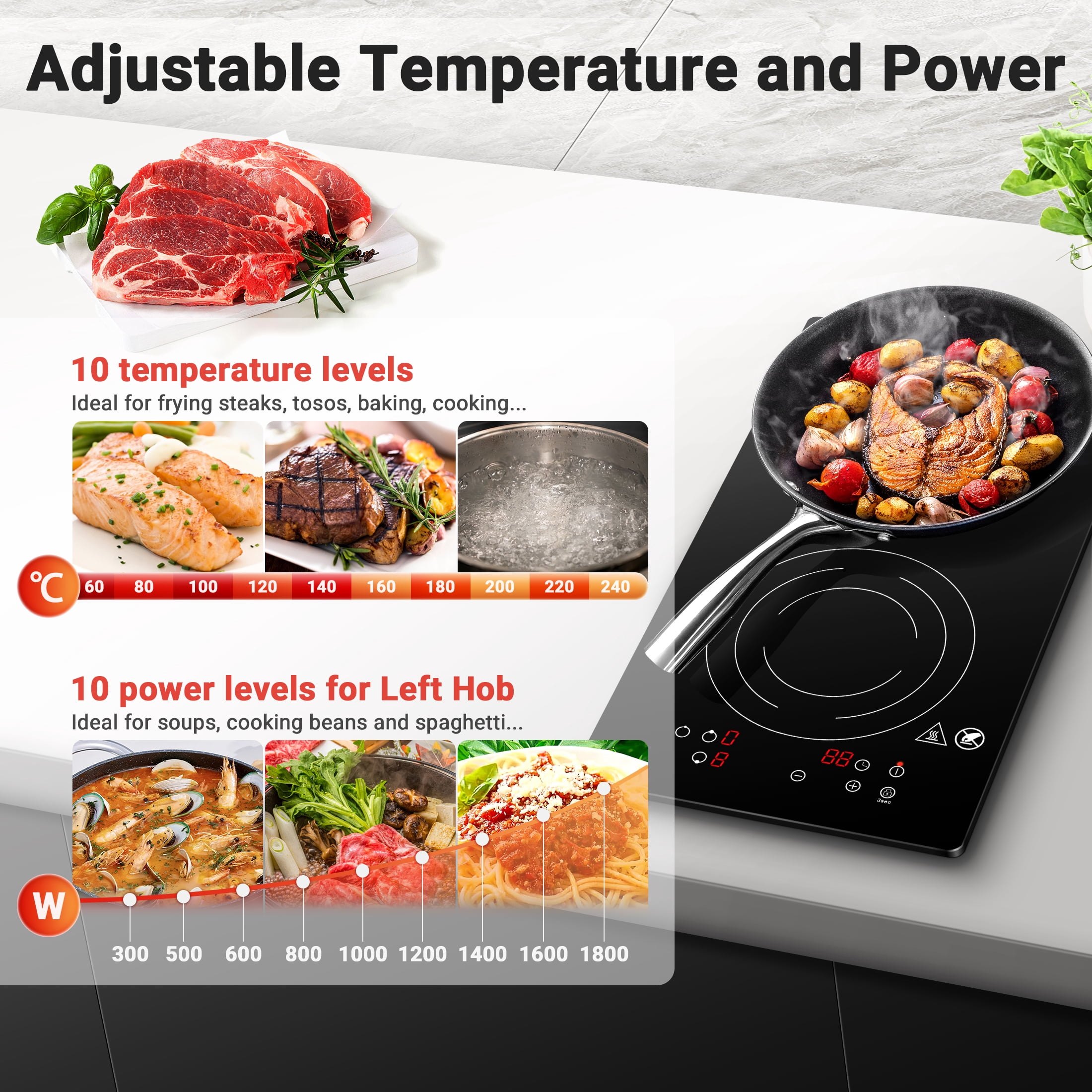 Sunmaki Electric Induction Cooktop 2 Burners, 12" Induction Stove for Fast Cooking, 1800W Electric Stove, Bulit-in&Countertop with Plug, 1800W 120V