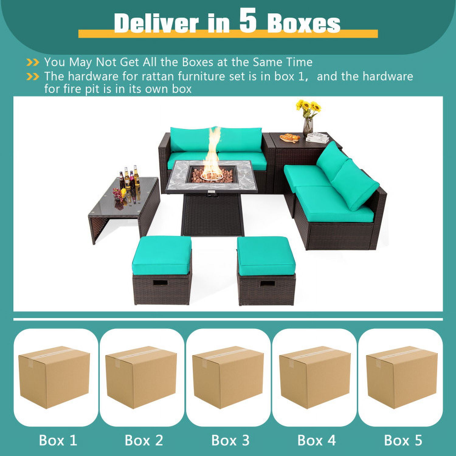 Aimee Lii 9 Pieces Patio PE Wicker Sectional Set with 50000 BTU Fire Pit Table, Outdoor Patio Set, Turquoise Aimee Lii 9 Pieces Patio PE Wicker Sectional Set with 50000 BTU Fire Pit Table, Outdoor Patio Set, Turquoise