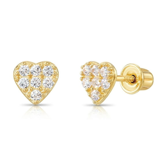 Tilo Jewelry 14K Yellow Gold Small Heart CZ Stud Post Earrings with Secure Screw-Backs | Everyday Dainty Small Earrings for Women & Unisex