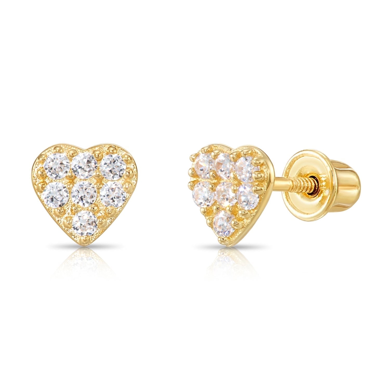 Tilo Jewelry 14K Yellow Gold Small Heart CZ Stud Post Earrings with Secure Screw-Backs | Everyday Dainty Small Earrings for Women & Unisex