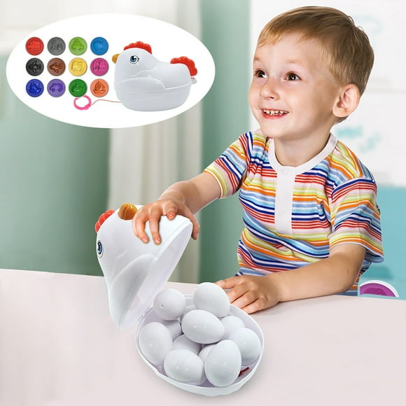 EGNMCR Jouets de Piscine, Oeufs Assortis Jouet pour Tout-Petits avec Boîte de Poule à Pousser et Tirer, 12 Pcs Oeufs d'Apprentissage Jouets, Formes et Couleurs Multiples Jouet Sensoriel de Motricité Fine, Garçons Filles Brainstorming Chicken