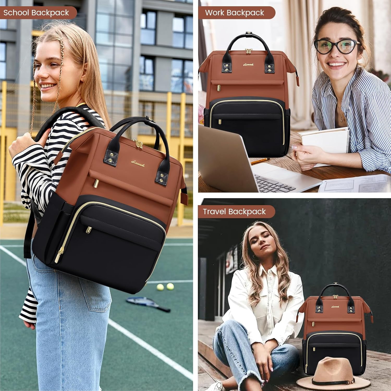 LOVEVOOK Leather Laptop Backpack for Women, 17 inch Professional Work & Travel Bag, Brown