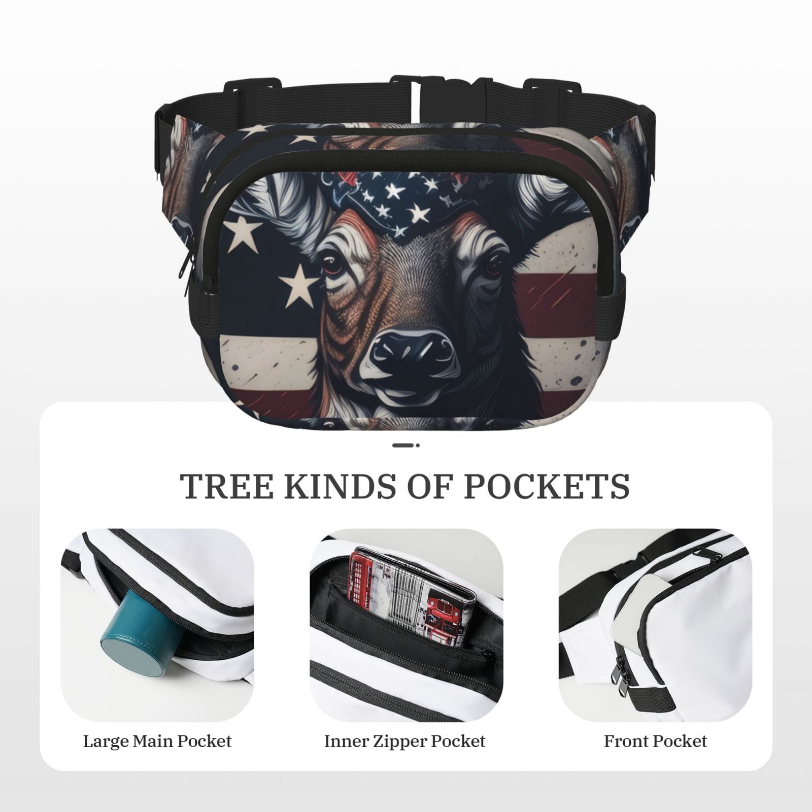 Picia Vintage American Deer Print Square Double-Layer Waist Bag Mini Adjustable Waist Belt Bag Exercise Running Travel Hiking