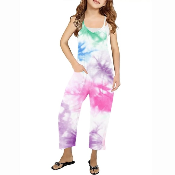 RXIRUCGD Girls Casual Jumpsuits Sleeveless Summer Rompers Long Pants With Pockets For 5-14 Years( Multicolore, Taille:11-12 Ans