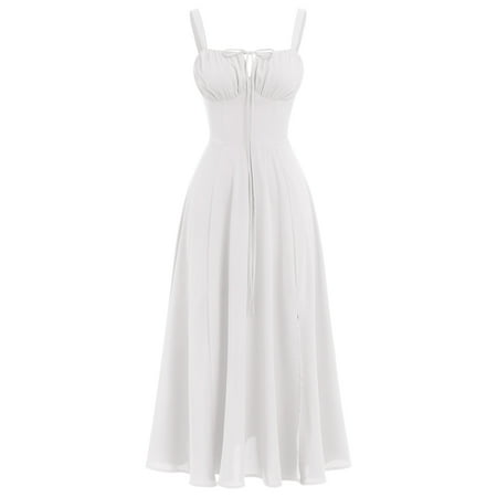 IBTOM CASTLE Women Floral Corset Dress Sleeveless Square Neck Spaghetti Straps Dress Boho Holiday Flowy Midi Bustier Sundress M White