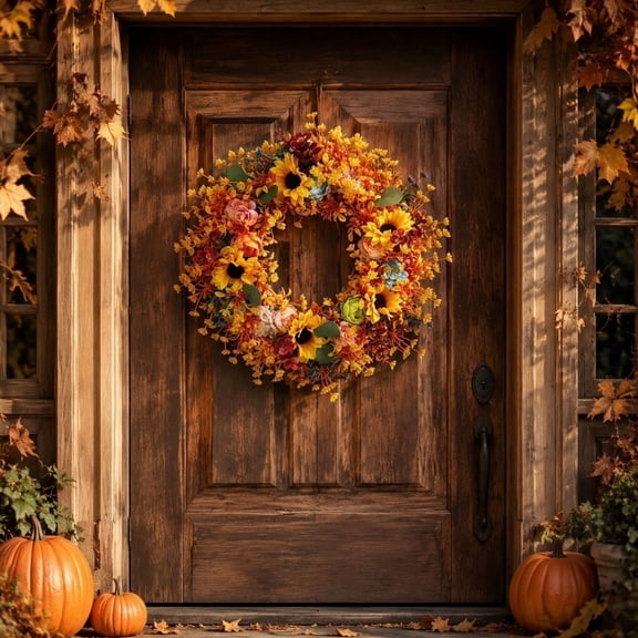 Artificial Fall Wreath with Sunflowers, Mixed Blooms, and Eucalypt Leaves for Front Door Thanksgiving and Farmhouse Home Decor