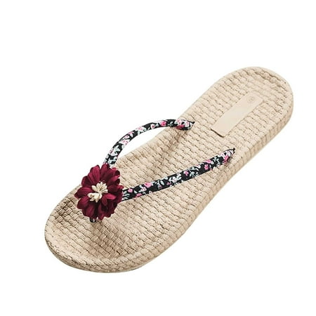

Fashion Spring And Summer Women Slippers Flip Flops Floral With Flowers Beach Flat Bottom Cloth Flip Flops Wine