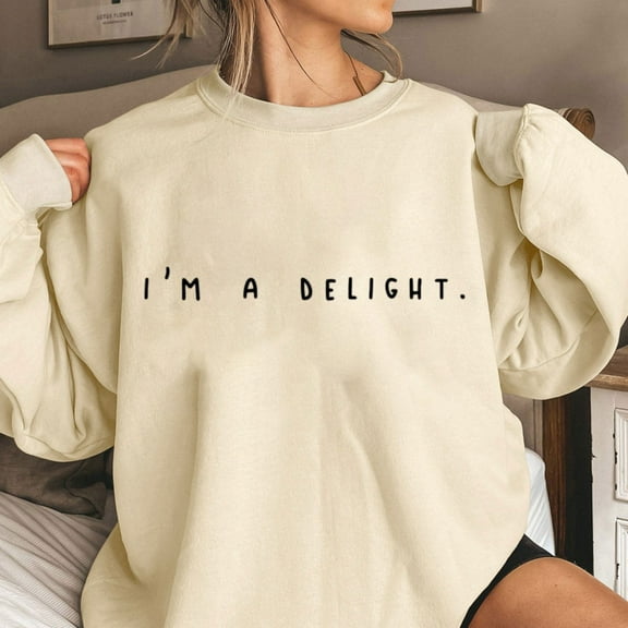 SwiftWear I'm A Delight Letter Print Sweatshirts for Women Oversized Hoodie Long Sleeve Crewneck Pullover Tops Fashion Fall Tops L