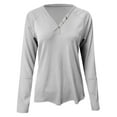 thumbnail image 5 of Long Sleeve T Shirt Women Cotton Women's Solid Color Buttoned V Neck Loose Fit Long Sleeve Basic Top Grey, L, 5 of 6