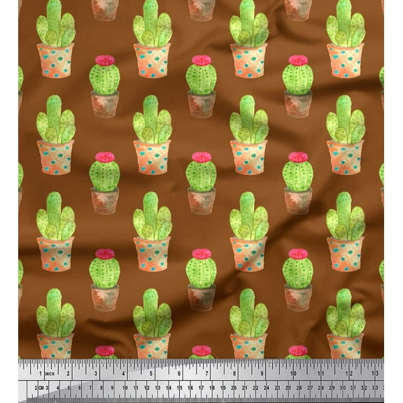 Soimoi Brown Cotton Voile Fabric Cactus With Conical Pot Tree Fabric Prints By Yard 42 Inch Wide