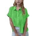 thumbnail image 2 of SEAOPEN Girls Cotton Linen Shirts Short Sleeve Button Down Shirts Children Summer Bohemian Rolled Sleeve Linen Tops Green,5-6, 2 of 8