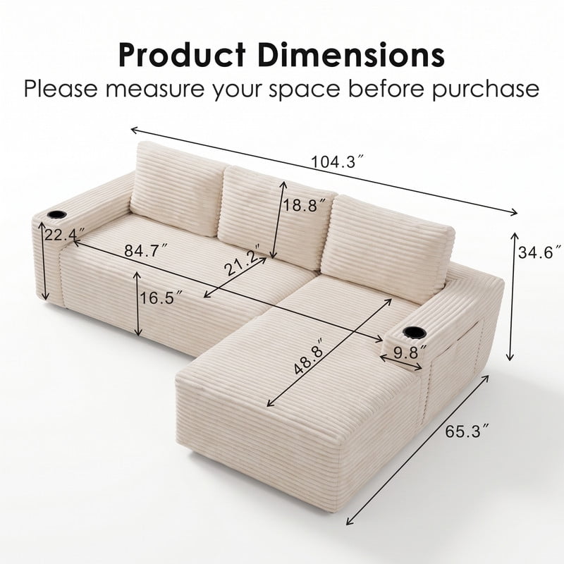 Anpport 104" Boneless Cloud Modular Sectional Couch, Corduroy Sofa with Cup Holders, Side Pockets, Deep Seat, No Assembly Required for Living Room, White (R‑Shaped, Right Facing Chaise)
