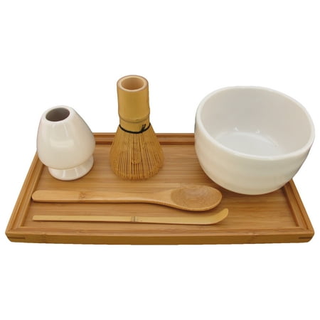 

BambooMN Brand - Matcha Bowl Set (Includes Bowl Rest Tea Whisk Chasaku Tea Spoon & Tray) 1 Set White