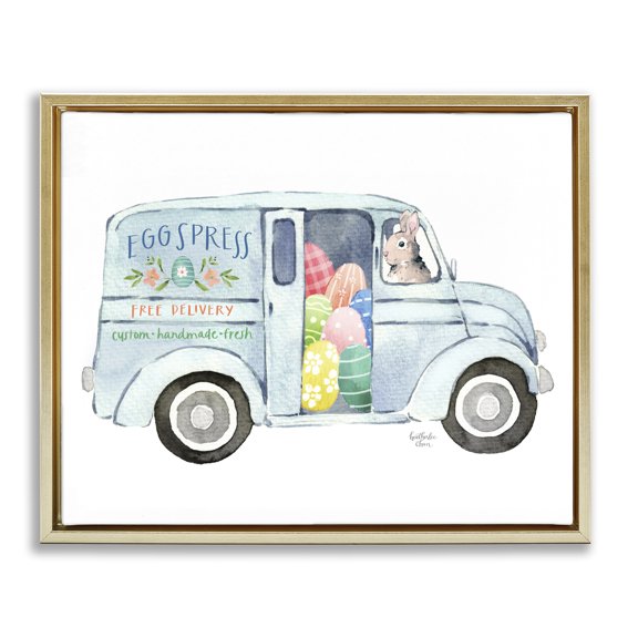 Stupell Industries Rustic Lodge Patterned Easter Eggs Truck Holiday Bunny Gold Floating Frame Canvas Art, 21 x 17, by Heather Lee Chan