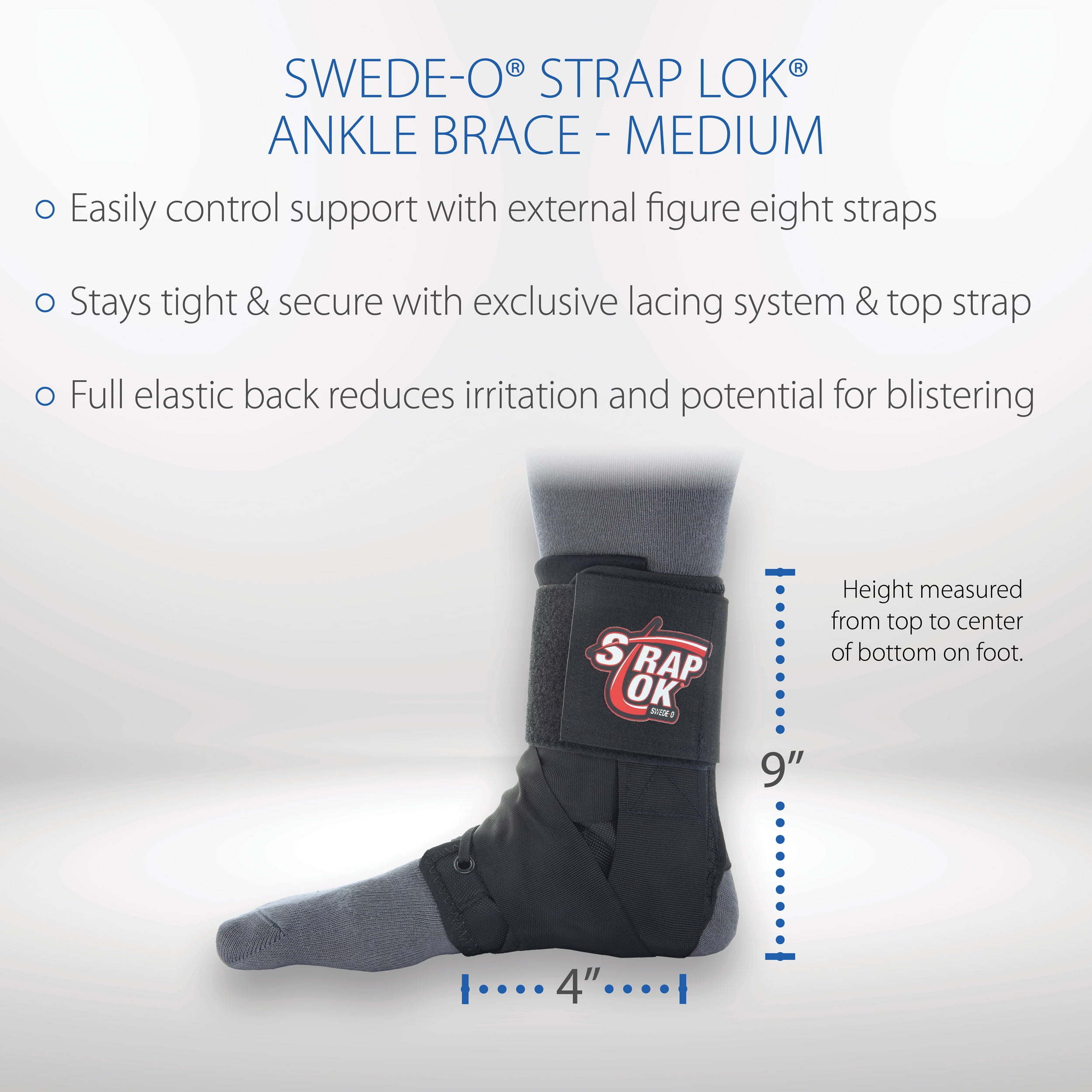 Swede-O Strap Lok Laced Ankle Brace with Dual Strap Locking System, Black, Medium