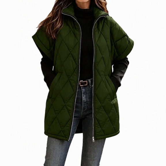 Edvintorg Vest for Women Plus Size Stand Collar Puffer Waistcoat Solid Color Zip up Long Quilted Outerwear with Pocket Womens Fashion Army Green S-3XL