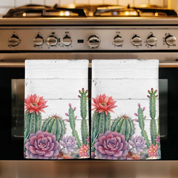 Cactus Tropical Watercolor Kitchen Towels Set of 3, Grey Wooden Summer Absorbent Dish Towels for Kitchen, Microfiber Hand Towel, Quick Drying Tea Towel for Cleaning Decorative Dishcloths