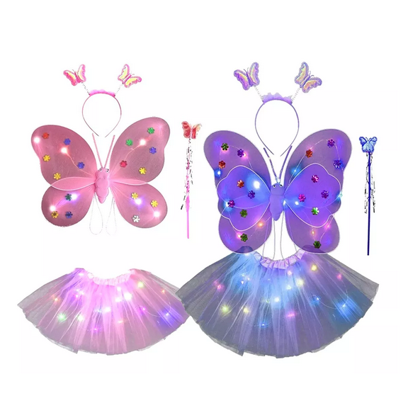 2 Pzs Alas De Mariposa Para Niña Vestido Corto De Ballet Led Multicolor