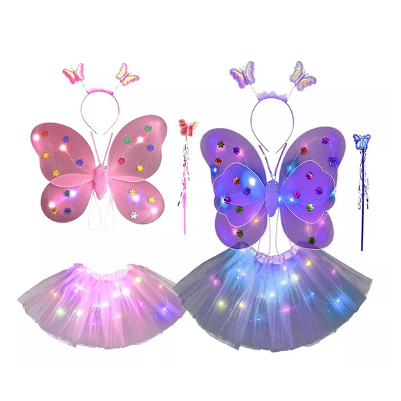 2 Pzs Alas De Mariposa Para Niña Vestido Corto De Ballet Led Multicolor
