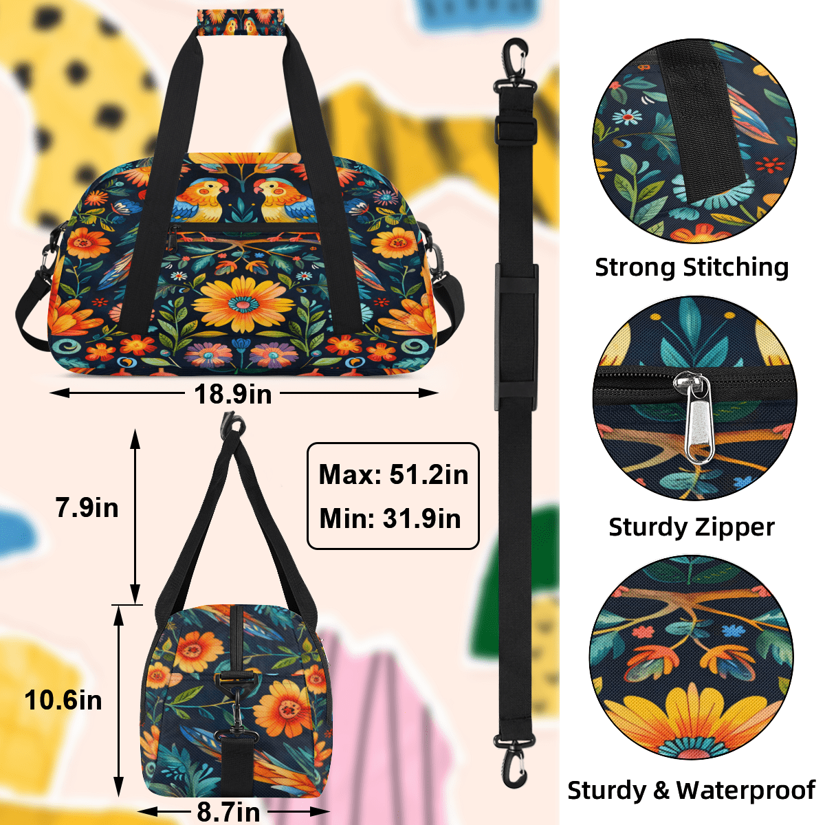 Herdesigns Sports Duffle Bags Travel Duffle Bag Gym Bag Mexico Floral Otomi Style Bird Weekender Travel Bag Waterproof Overnight Bag Carry On Travel Tote Bag Dance Bags