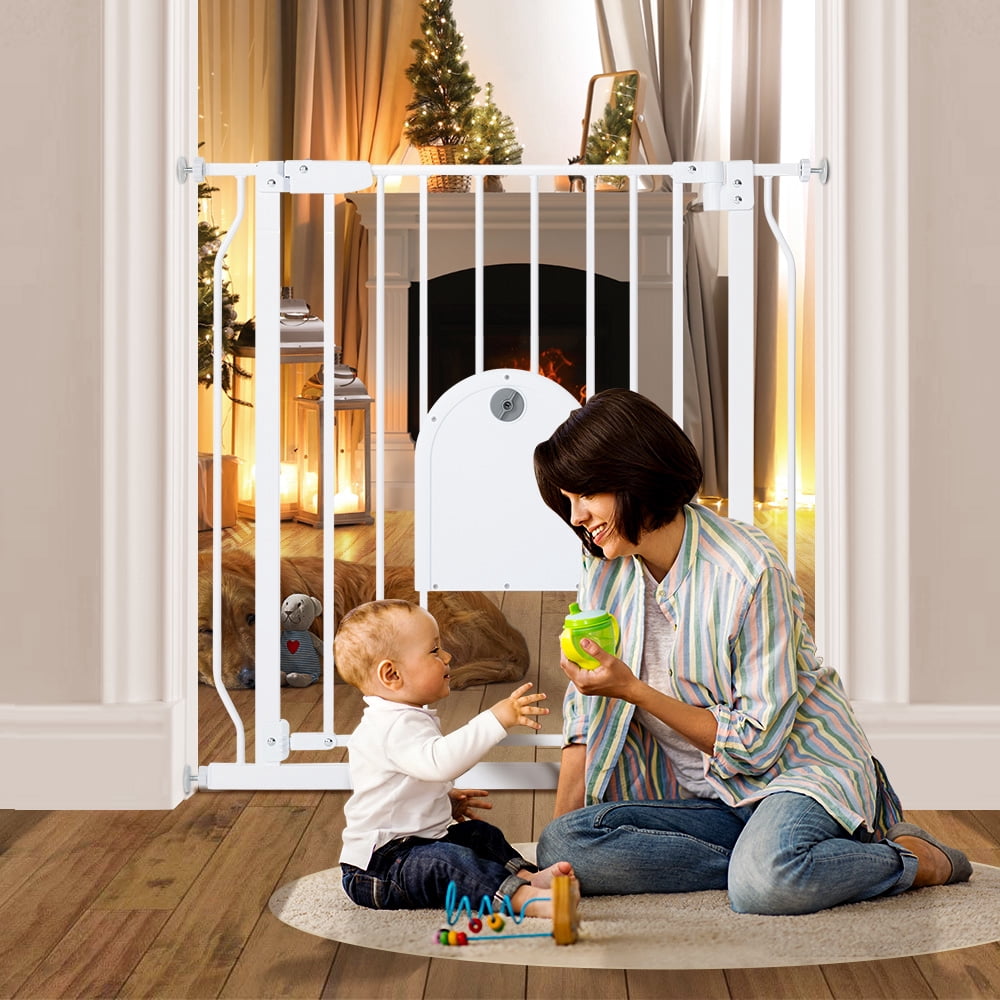 Pet Gate, 29.5''-34.25'' Domipet Pet Gate with Cat Door, Pressure Mount, Safety Gate Gift,White